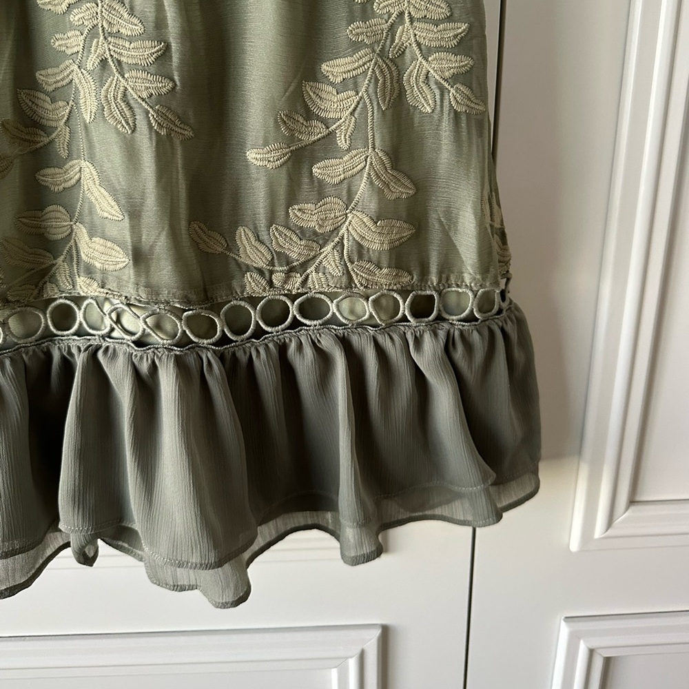 Saints + Secrets Embroidered Ruffle Mini Dress Sage Green, Size M - Picture 6 of 11